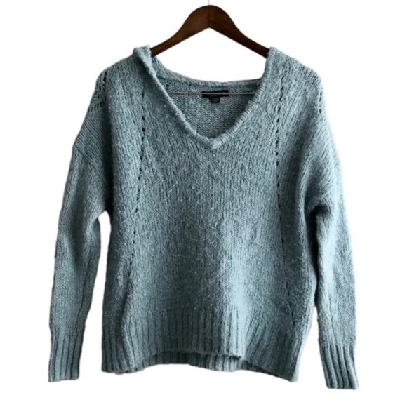 American Eagle Outfitters Sweaters - American Eagle Wool Knit Comfy Hooded Long Sleeve V Neck Hoodie Sweater Top Blue